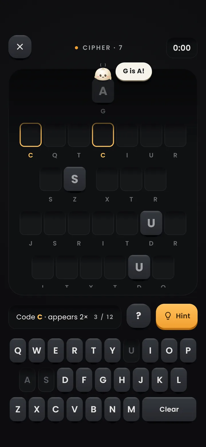 Cipher puzzle: a hidden phrase with swapped letters and a cipher keyboard.