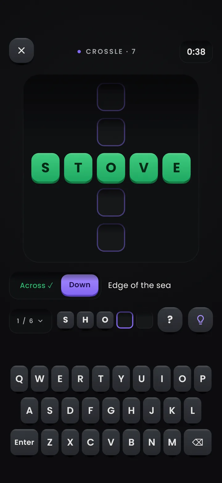 Crossle puzzle: two five-letter words crossing, with a clue and an on-screen keyboard.