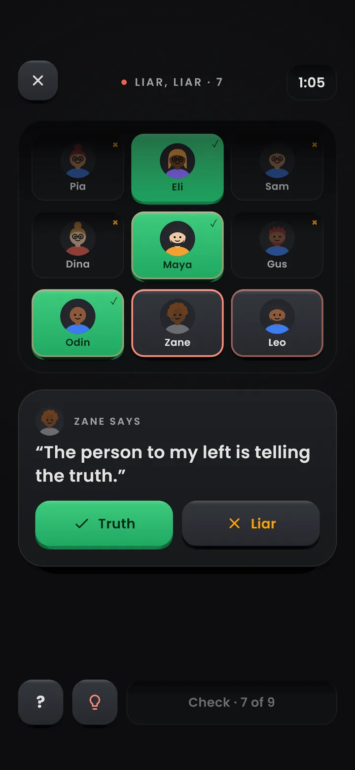 Liar, Liar puzzle: nine people each making a statement, with Truth and Liar buttons.