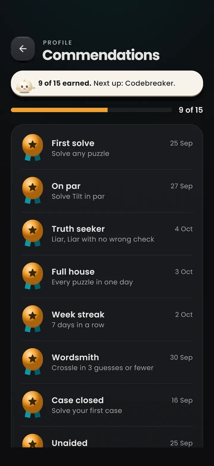 Commendations list showing medals such as First solve, On par and Week streak.